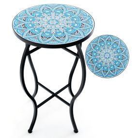 Mesa Auxiliar de Exterior Mosaico con Tablero de Cerámica Resistente Soporte para Plantas Pequeña Mesa Redonda para Balcón y Jardín Azul