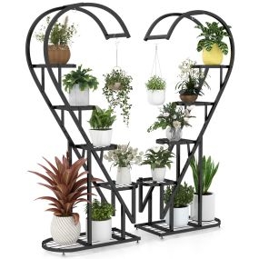 Juego de 2 soportes para plantas de metal de 5 niveles con escalera y gancho, 71 x 30,5 x 148 cm, negro