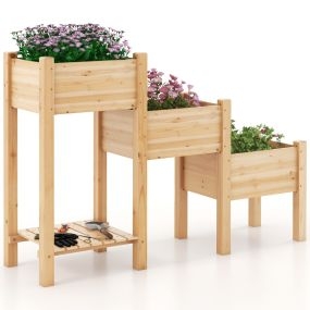 Cama elevada de jardín de 3 niveles con estante abierto y drenaje 161 x 43 x 104 cm natural