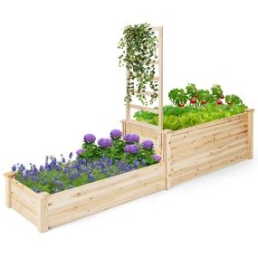 Cama elevada de jardín de 2 niveles con enrejado, fondo abierto, 223 x 64 x 134 cm, natural