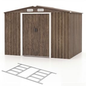 Cobertizo de almacenamiento de metal galvanizado marrón 7 m³ con base, ventilaciones, puertas, cerradura y rampa impermeable para jardín y patio