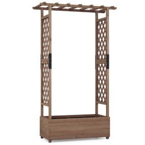 Jardinera Elevado de Madera con Enrejado de Arco Techo Colgante Macetero Orificio de Drenaje Contenedor para Patio Marrón