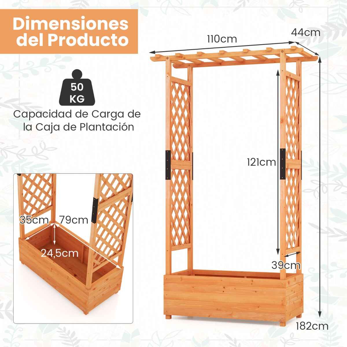 Jardinera Elevado de Madera con Enrejado de Arco Techo Colgante Macetero Orificio de Drenaje Contenedor para Patio 110 x 182 cm Naranja