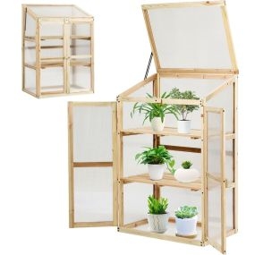 Invernadero tipo cobertizo de madera elevado con estantes para protección y cultivo de plantas