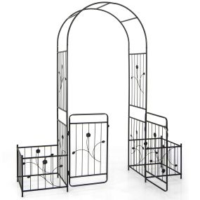 Cenador de Jardín de 220 cm Enrejado Arqueado de Arco de Metal con Cerradura Enrejado Maceteros Laterales para Plantas Trepadoras Negro