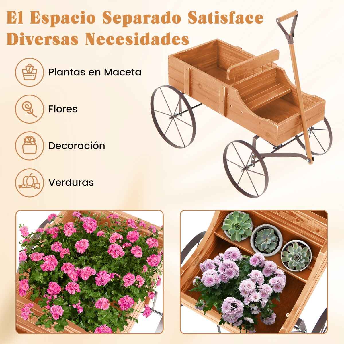 Carrito de madera maceta decorativa con ruedas y 2 secciones para plantas 62 x 34 x 60 cm