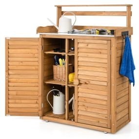 Banco para Macetas de Madera con Encimera de Metal Galvanizado 3 Ganchos para Colgar Estantes Extraíbles Persianas para Jardín Natural