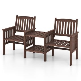 Banco de Jardín con Mesa con Mesa de 2 Niveles y Agujero para Sombrilla Juego de Mesa y Sillas de Madera de Abeto Natural Marrón Oscuro