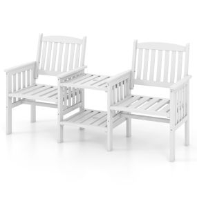 Banco de 2 plazas de madera de abeto para exterior con mesa central y agujero para sombrilla de 5 cm blanco
