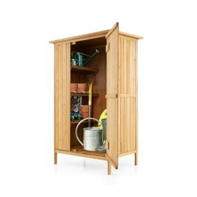 Armario de Almacenamiento Exterior de Madera de 150 × 90cm con Techo de Asfalto 3 Estantes Puerta con Cerradura 5 Ganchos Natural