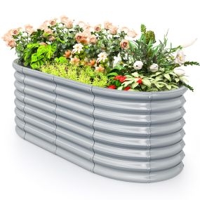 Jardinera elevada de metal gris con base abierta para exterior y cultivo de verduras y frutas