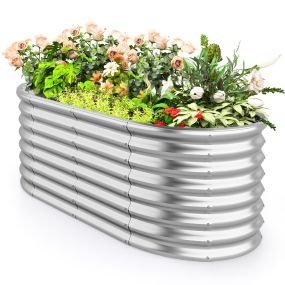 Jardinera elevada de metal para jardín con base abierta, plata