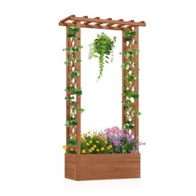 Jardinera elevada de madera de abeto con enrejado y techo, 2 agujeros de drenaje, 2 paneles
