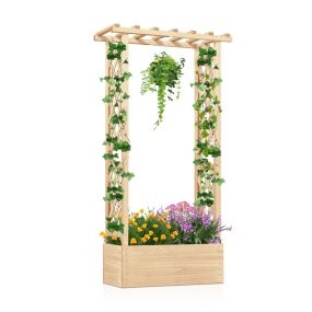 Jardinera elevada de madera de abeto con enrejado y techo, 2 agujeros de drenaje, natural