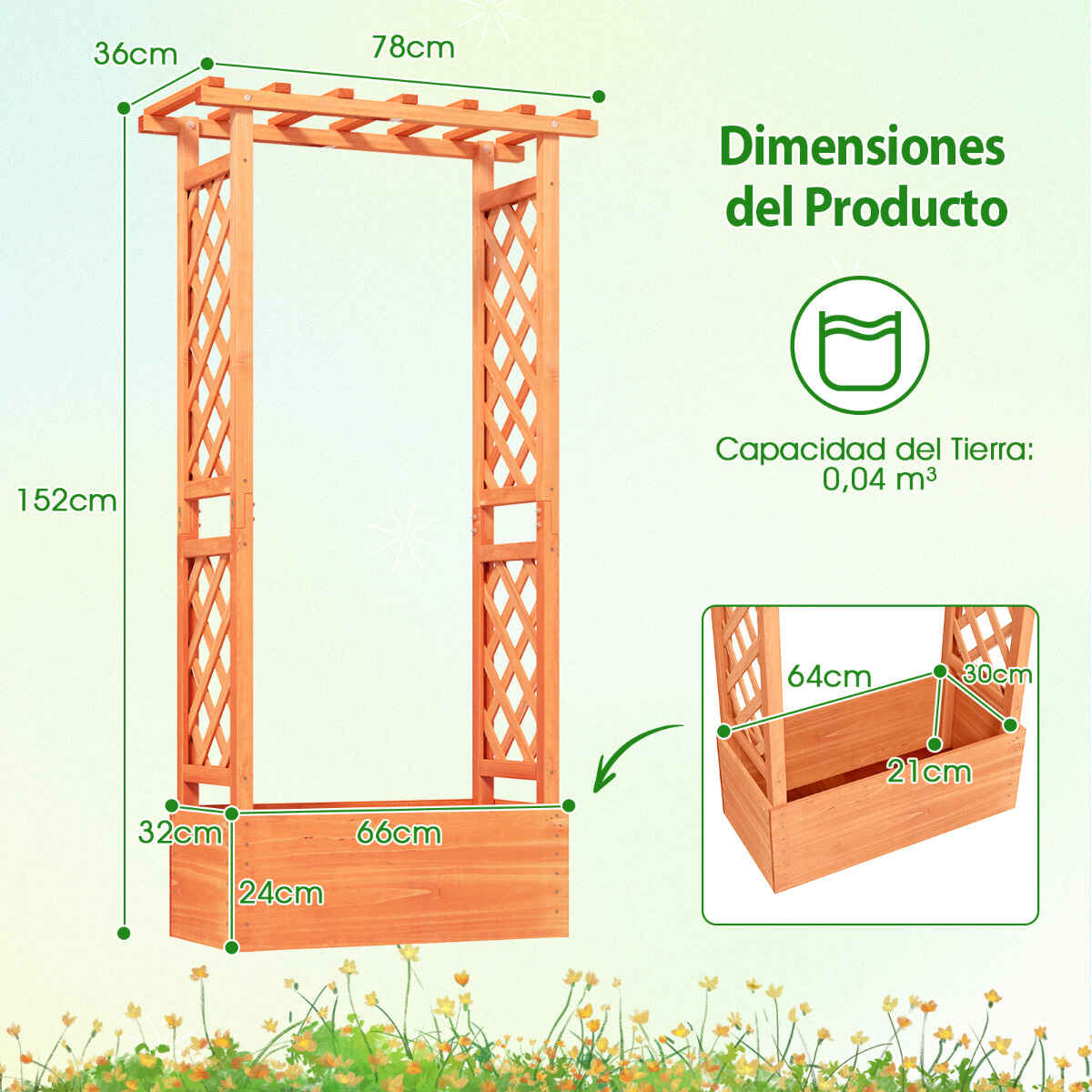 Jardinera elevada de madera de abeto con enrejado y techo, 2 agujeros de drenaje, 2 paneles, naranja