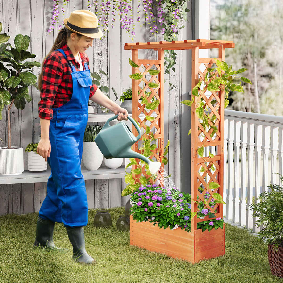 Jardinera elevada de madera de abeto con enrejado y techo, 2 agujeros de drenaje, 2 paneles, naranja