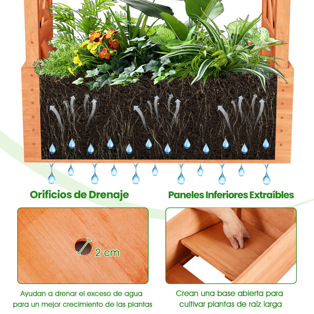 Jardinera elevada de madera de abeto con enrejado y techo, 2 agujeros de drenaje, 2 paneles, naranja