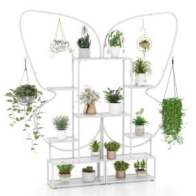 Soporte de Plantas de Metal de 6 Niveles con 12 Tablas de Malla Metálica y 4 Ganchos Estante de Exhibición de Escalera Blanco