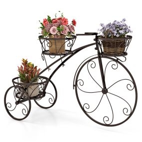 Soporte para Plantas en Forma de Triciclo Soporte para Macetas con 3 Cestas Huecas y Ruedas Aspecto Parisino para Patio Jardín Bronce