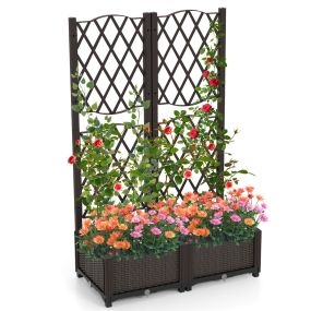 Cama de Jardín Elevada Doble con Enrejado Jardinera de Plástico para Exterior con Orificios de Drenaje Macetero para Jardín Patio Marrón