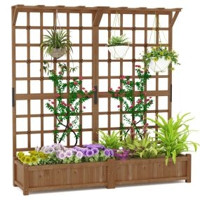 Cama Jardín Elevada Madera 180cm Enrejado Techo Colgante 2 Cajas Placa Removible Plantas Trepadoras Flores Café