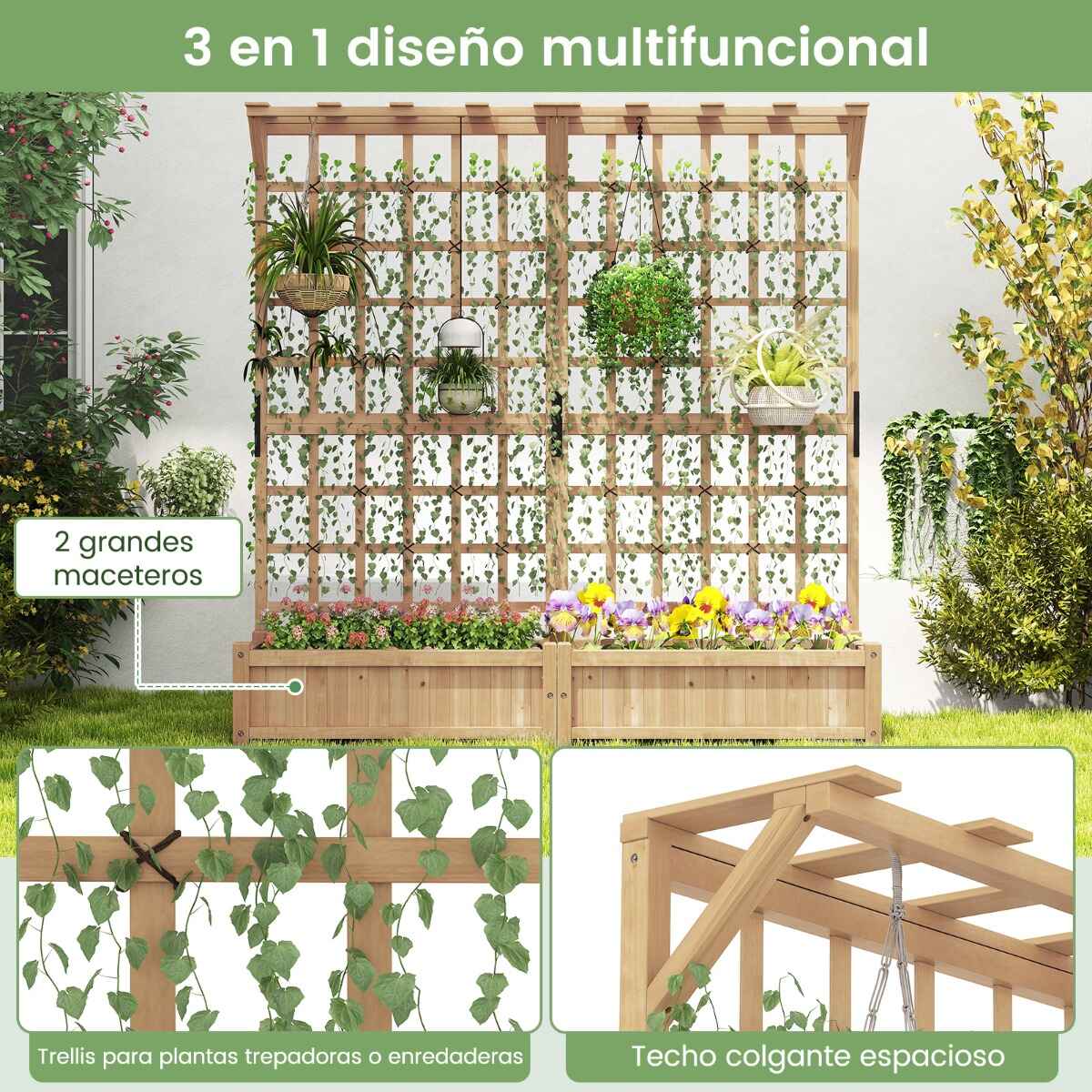 Cama Jardín Elevada Madera 180cm Enrejado Techo Colgante 2 Cajas Placa Removible Plantas Trepadoras Flores Color Madera