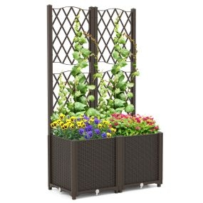 Jardinera elevada doble con enrejado y autorriego color café para plantas trepadoras, flores y verduras