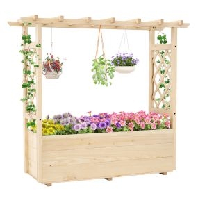 Cama de jardín elevada de madera con enrejado y techo colgante 118 x 40 x 103 cm