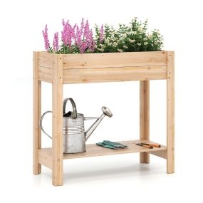 Cama de jardín elevada de madera con patas y estante de almacenamiento para interior y exterior