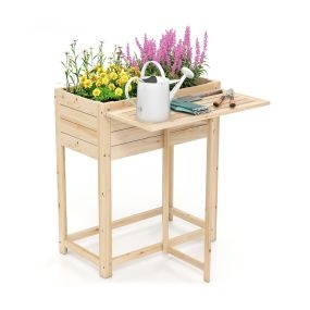 Cama de jardín elevada de madera con patas, mesa lateral plegable y drenaje para patio y balcón