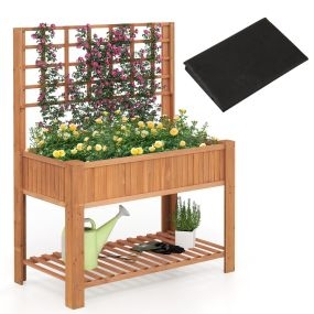 Cama elevada de jardín de madera de 2 niveles con enrejado marrón rojizo