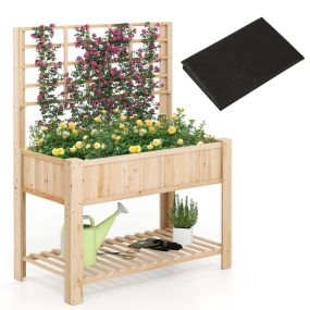 Cama elevada de jardín de madera de 2 niveles con enrejado para plantas trepadoras