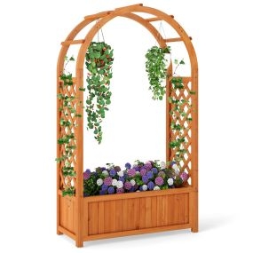 Jardinera elevada de madera con enrejado y techo inclinado para vides, hierbas y vegetales