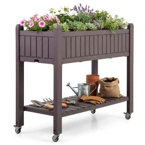 Cama de jardín elevada con ruedas, divisible, monitor de agua, drenaje y estante, marrón