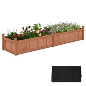 Cama de jardín elevada de madera marrón con divisor y drenaje para cultivar verduras y flores