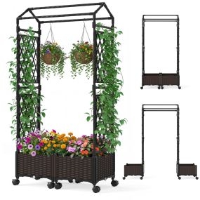 Cama de jardín elevada de ratán con auto-riego, celosía, techo y ruedas bloqueables, marrón