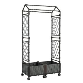 Cama de jardín elevada de ratán gris oscuro con auto-riego, celosía, techo y ruedas bloqueables