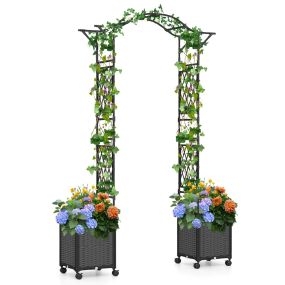 Arco de jardín con 2 jardineras con ruedas y capa de agua 208 x 40 x 250 cm gris