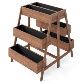 Cama de jardín elevada de madera marrón con base de listones y forro negro para interior y exterior