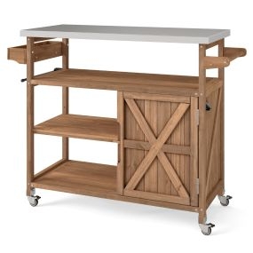 Carro para Parrilla de Madera con Almacenamiento Isla de Cocina Exterior con Tapa de Acero Inoxidable 3 Estantes Abiertos Marrón