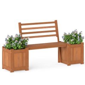 Jardinera de madera con banco para exterior, 2 maceteros, respaldo, base abierta, acabado aceite teca