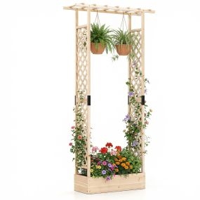 Cama jardín elevada de madera de abeto con enrejado y techo colgante 110x35x227 cm natural