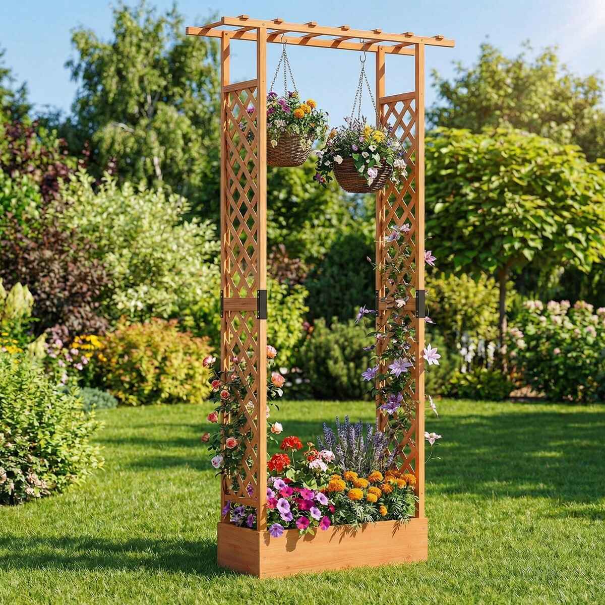 Cama jardín elevada de madera con enrejado y techo colgante, abeto, 110x35x227 cm, naranja