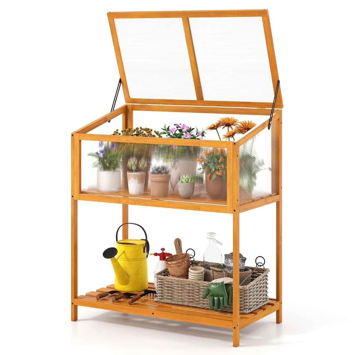 Invernadero de madera con techo transparente abatible, estante y protección, naranja