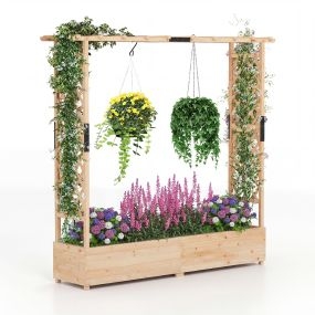 Jardinera Elevada de Madera de Abeto con Enrejado 2 Paneles Techo Plano 2 Macetas Drenaje para Jardín Terraza Patio Natural