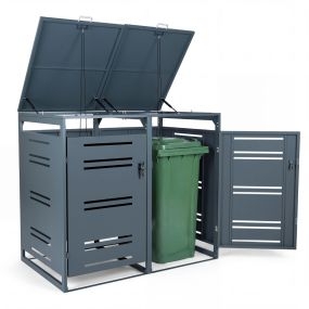 Cobertizo Metálico para Cubos de Basura al Aire Libre para 2 Contenedores con Amortiguador de Gas Puertas con Cerradura Gris