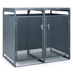 Cobertizo Metálico para 2 Cubos de Basura con Puertas de Malla Llaves y Elevador de Gas para Jardín Patio Gris Oscuro