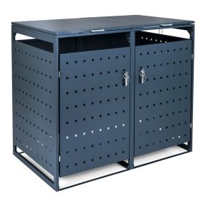 Cobertizo exterior metálico para basura 2 cubos con puntales de gas y puertas dobles bloqueables gris