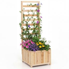 Cama de jardín elevada de madera con enrejado y orificios de drenaje natural