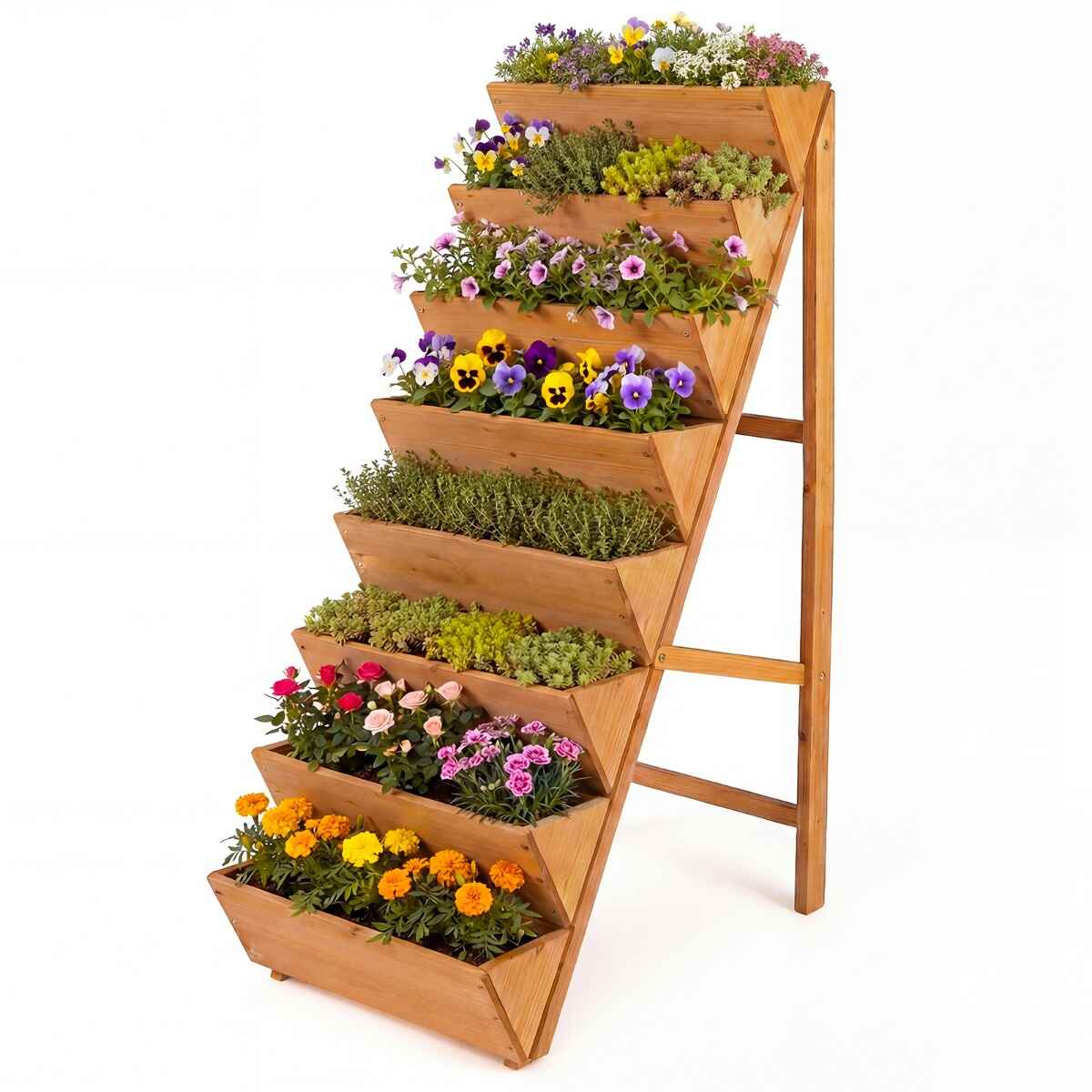 Jardinera vertical escalonada de madera de abeto con 8 maceteros para hierbas, verduras y flores